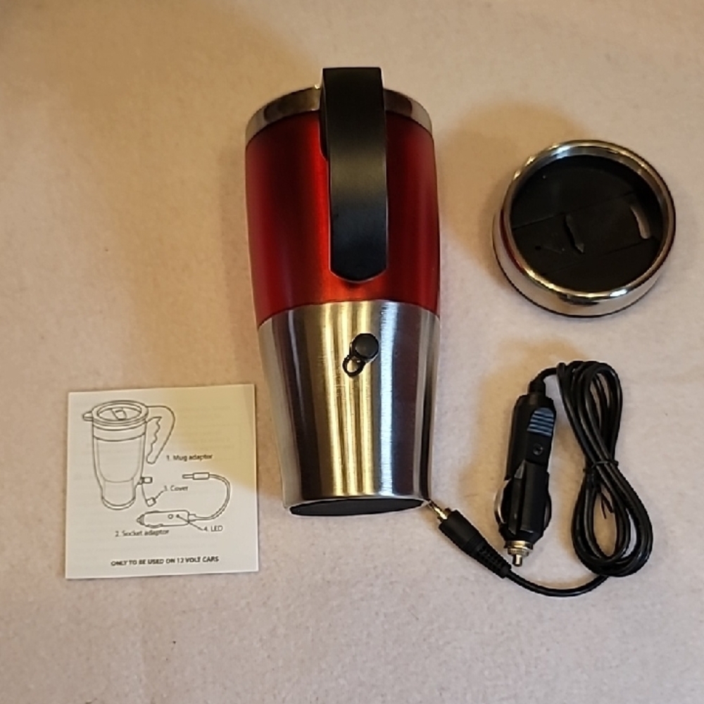 0800. NEW ~ Heated Travel Mug - Red & Silver ~ 12 Volt ~ 15oz. - Picture 3 of 9